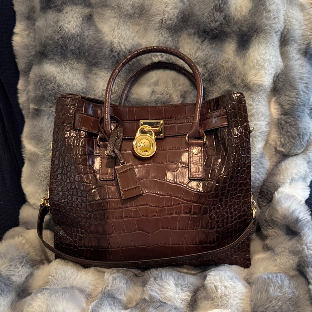 Michael Kors Hamilton Brown Crocodile-Embossed Handbag